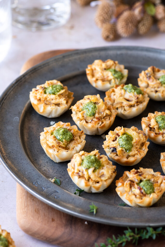 Caramelized Onion, Goat Cheese, Pesto Tartlets