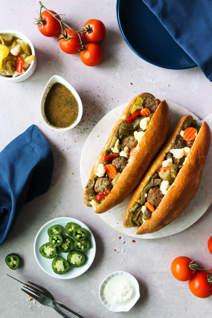Grilled Italian Beef Style Meatball Sandwiches
