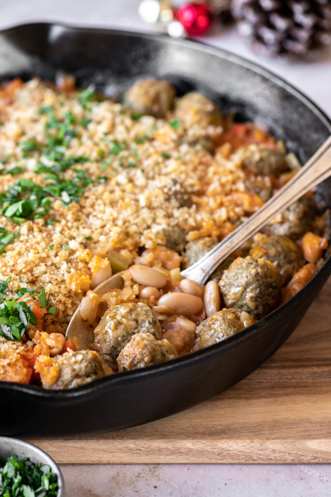 Meatball Cassoulet with Garlic Breadcrumbs