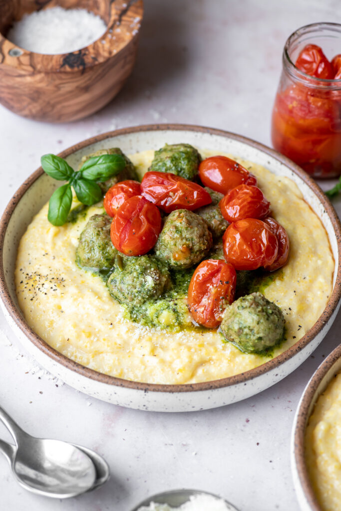 Pesto Meatballs Over Sweet Corn Polenta